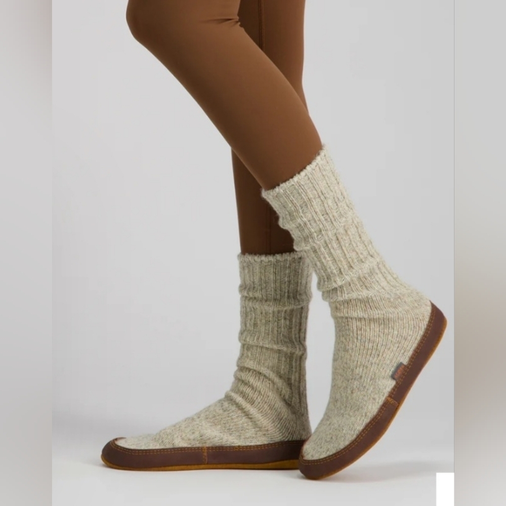 Acorn Original Slipper Sock Gray Ragg Wool Suede Sole Ribbed Knit Unisex Slipper